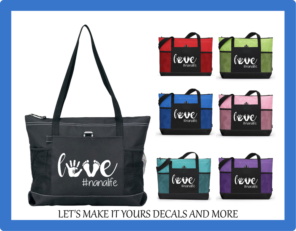 LOVE HAND FOOTPRINT NANA LIFE TOTE BAG PURSE GYM TRAVEL BINGO ZIPS CUSTOM GIFT