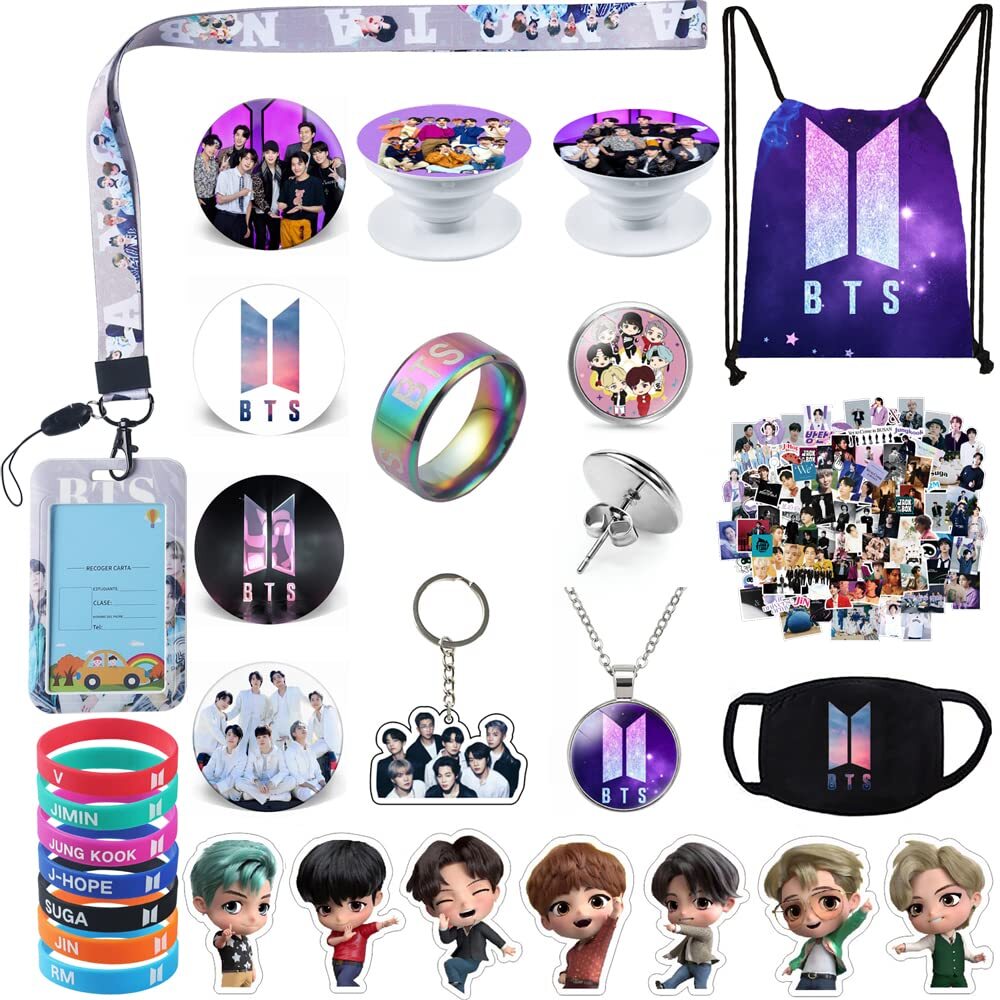 BTS Inspired Gift Set with Drawstring Bag Backpack Necklace and Earrings