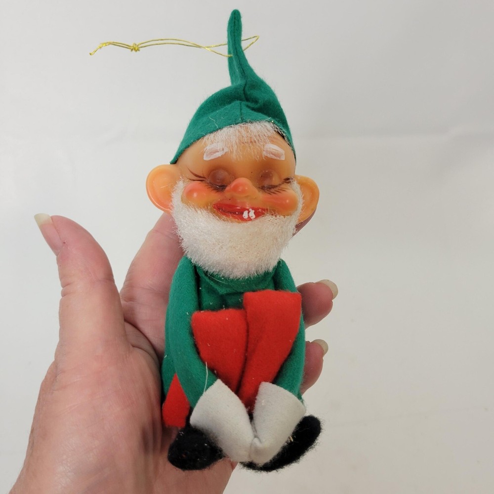 Vintage Green Red Christmas Elf Knee Hugger Japan Ornament with Rubber Face