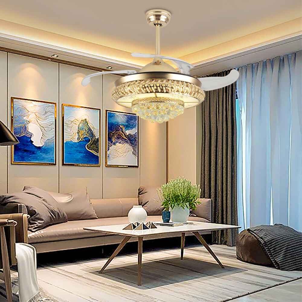 Crystal Chandelier Fan Retractable Gold LED Invisible Ceiling Fan Hanging Light