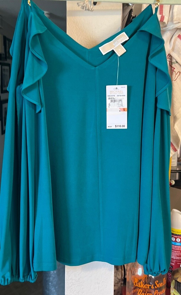 New! Small Michael Kors Green Long Sleeve Cold Shoulder Chain Womens Top NWT-image