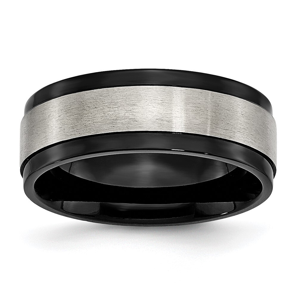 Titanium Brushed Center Black IP-plated 8mm Beveled Edge Band Ring Size 8