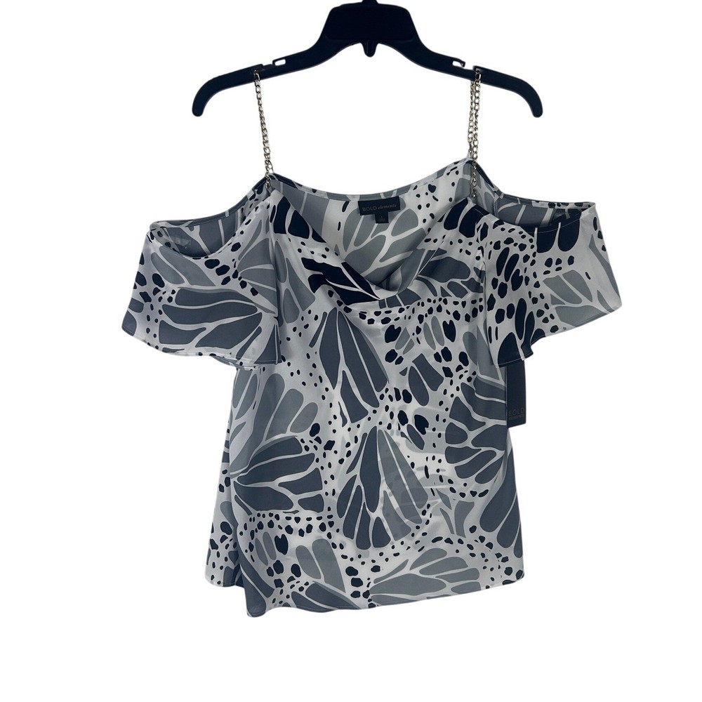 Bold Elements Women Butterfly Print Cold Shoulder Chain Strap Top Grey Large NEW-image