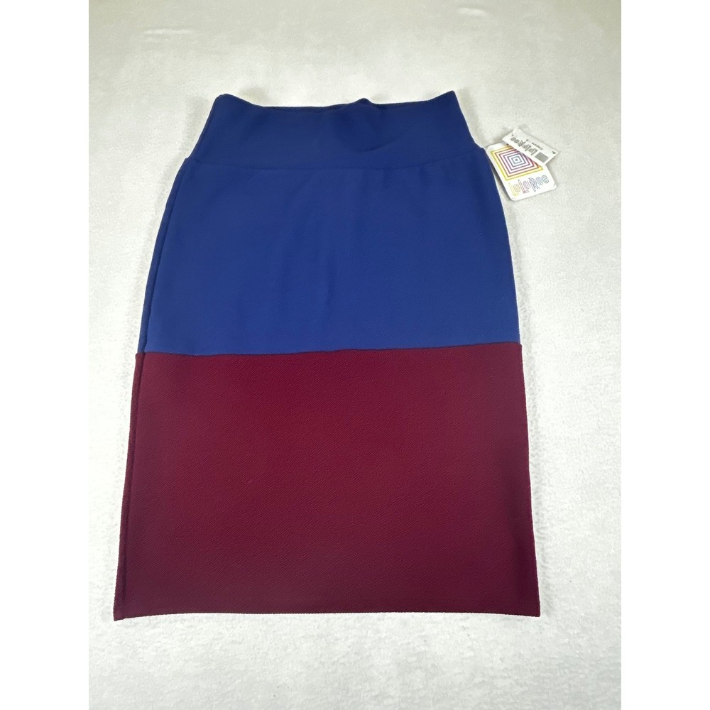 LuLaRoe Cassie Pencil Skirt Small Blue Burgundy Colorblock Textured Stretch NWT