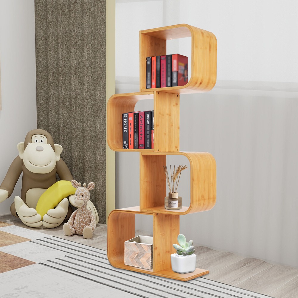 4-Tier S-shaped Bookcase Floor Standing Bookcase Bamboo Bookcase Wood Color Room