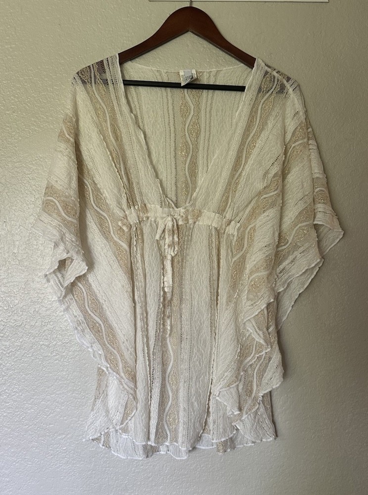 Women’s Lace Swim Cover Up Ivory Sheer Boho Beach V-Neck Flowy Top XS