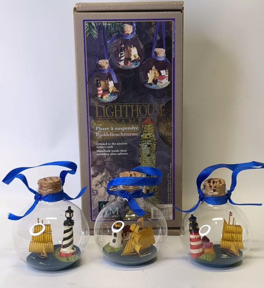 Authentic Models Lighthouse In A Bottle Christmas Ornaments Set Of 3 Cape...