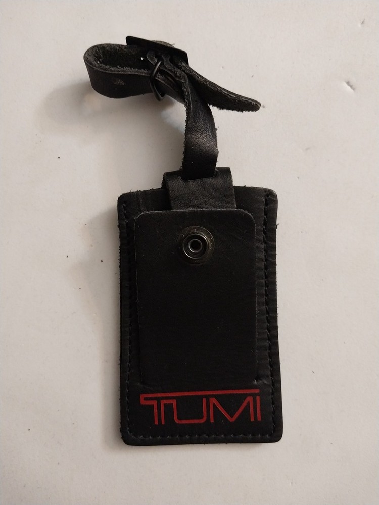 Tumi Black Leather Luggage Name Tag with Gunmetal Buckle