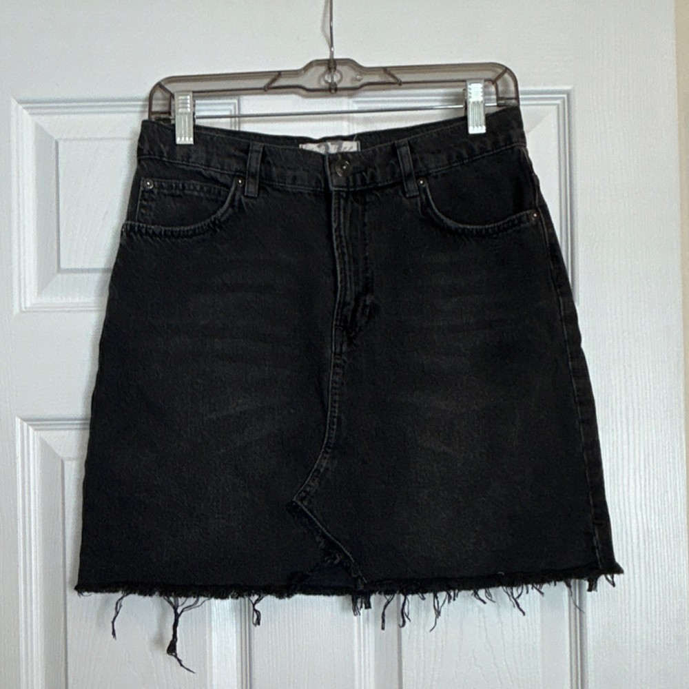 We The Free Women's Black Denim Mini Skirt 27 Fringe Hem Zip Pockets