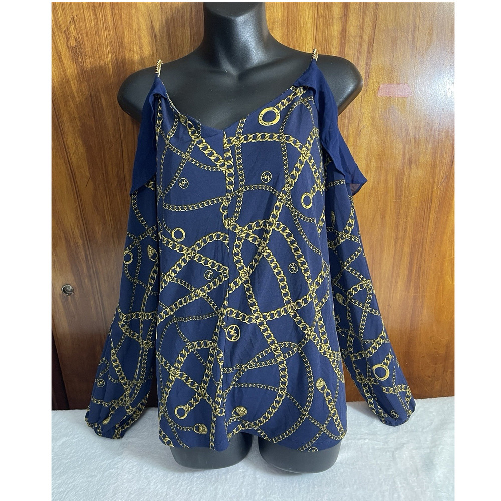 Michael Kors Chain Print Cold Shoulder Blouse XL Navy Gold Long Sleeve-image