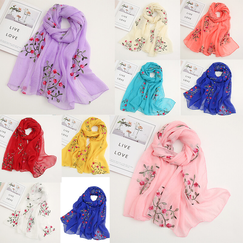 Women Breathable Embroidery Chiffon Neck Head Suncreen Elegant Hijab Shawl Scarf