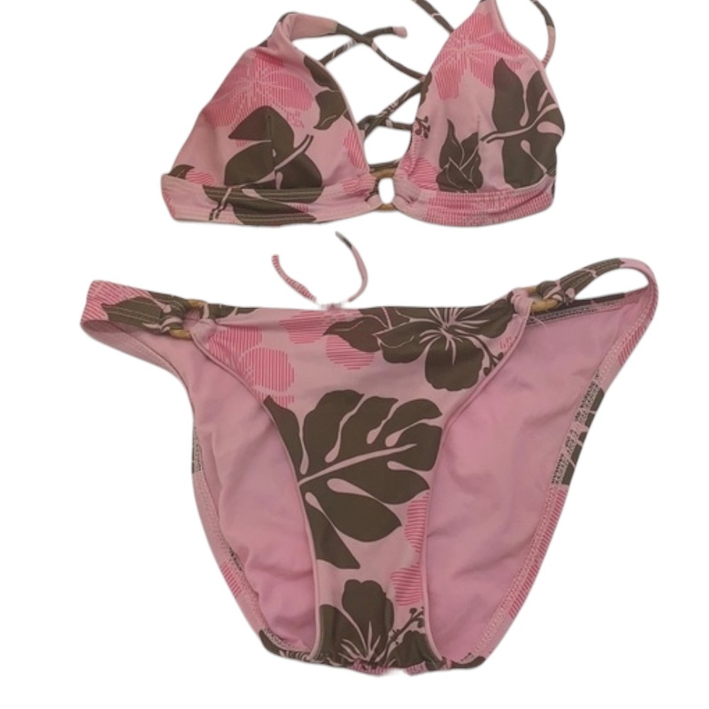 Vintage Guess Bikini Set Pink w Green Hibiscus Floral Pattern S