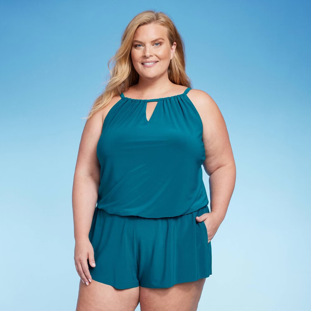 Aqua Green Womens UPF 50 High Neck Swim Romper with Pockets Teal Green 17 Size