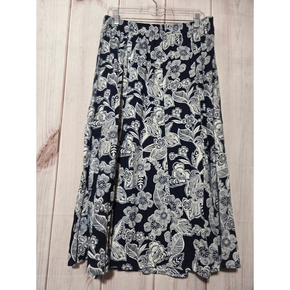 Erika Women Navy Blue White Floral Midi Skirt Cotton Rayon Blend Size Large