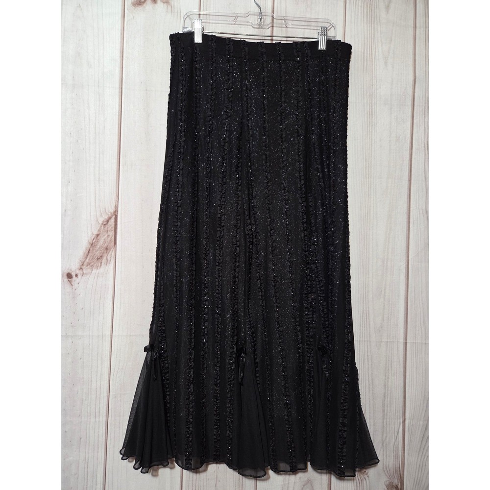 Black Metallic Shimmer Mesh Ruffle Maxi Skirt XXL Silver Sparkle Bow Detail
