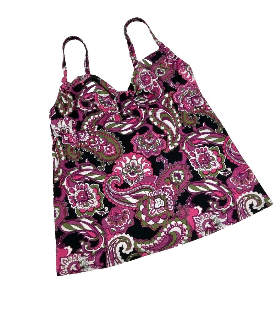 Lands End Pink & Black Paisley Swim Ruched Tankini Top Bodice Size 14W