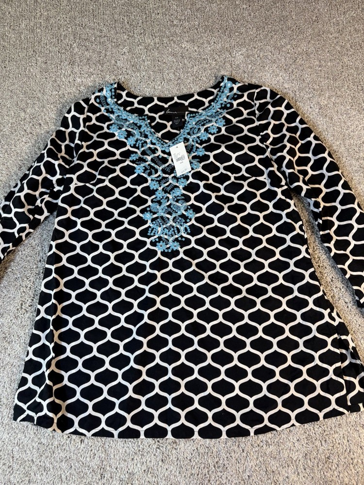 NWT Lane Bryant Black White Turquoise Embroidered Tunic Swim Cover Up Size 14/16