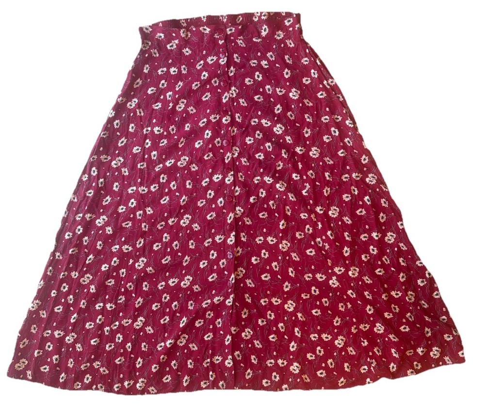 Vintage Inspired Red Floral Button Front Midi Skirt Women Size Medium To Large
