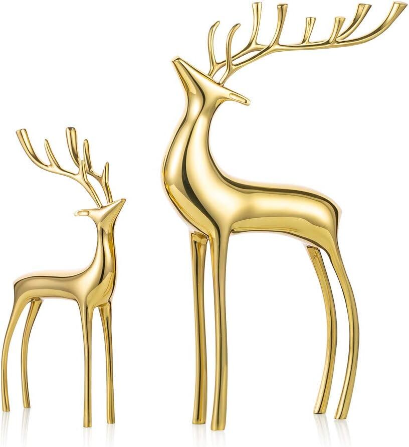 Sziqiqi Reindeer Figurine Statues Deluxe Set of 2, Christmas Deer S + L, Gold