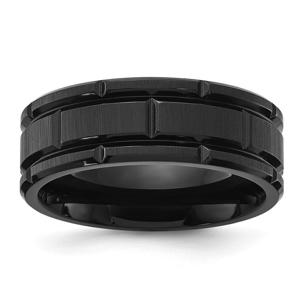 Titanium Brushed and Polished Black IP-plated Notched 8mm Band Ring Size 7