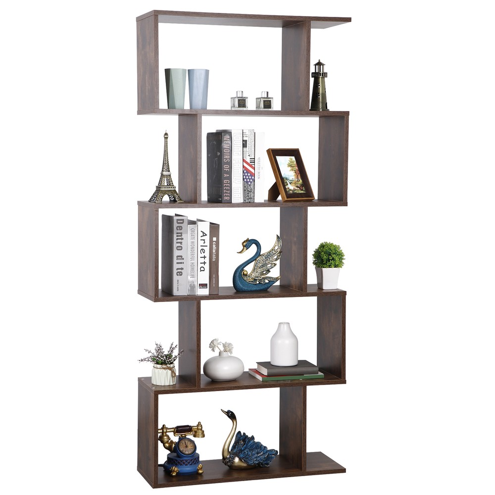Bookshelf 5-tier Freestanding S-shape Display Shelf For Home Storage Organizer