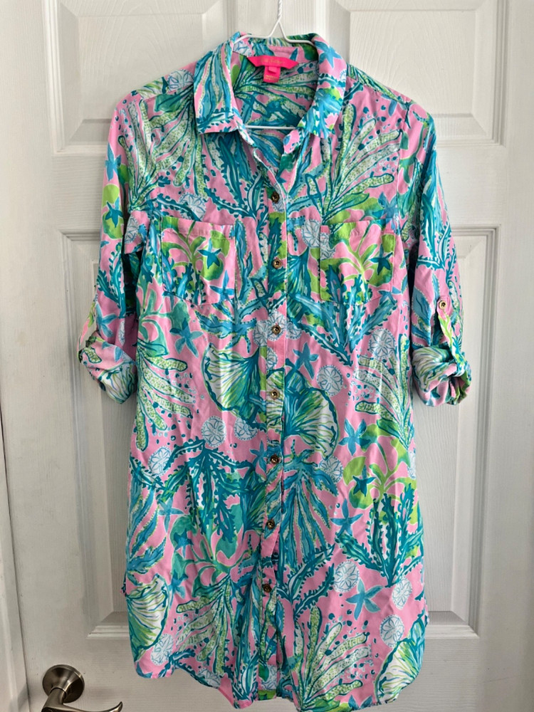 Lilly Pulitzer Natalie Shirtdress Cover-Up Pink Green Blue Shade Seeker Size XS