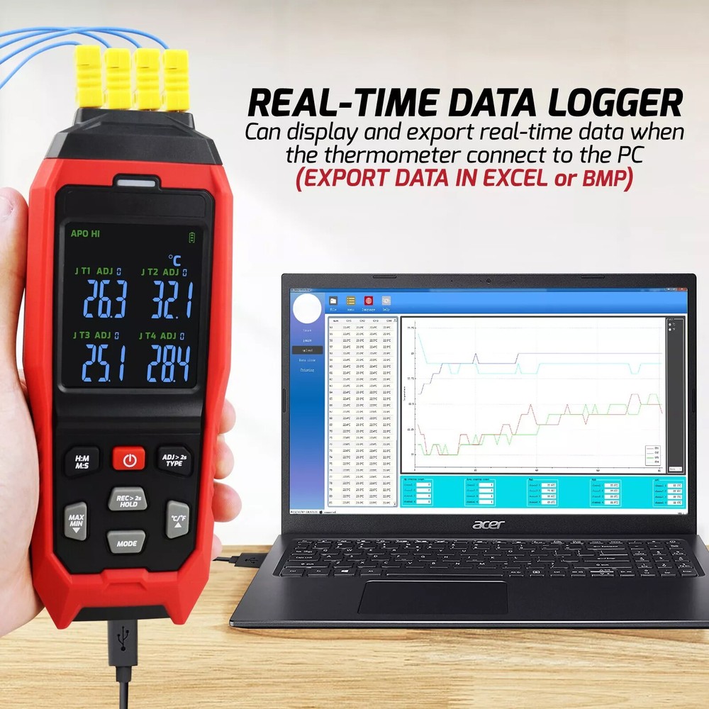 Digital 4CH K/J Datalogger Thermocouple Thermometer Real-Time Data Logging USB