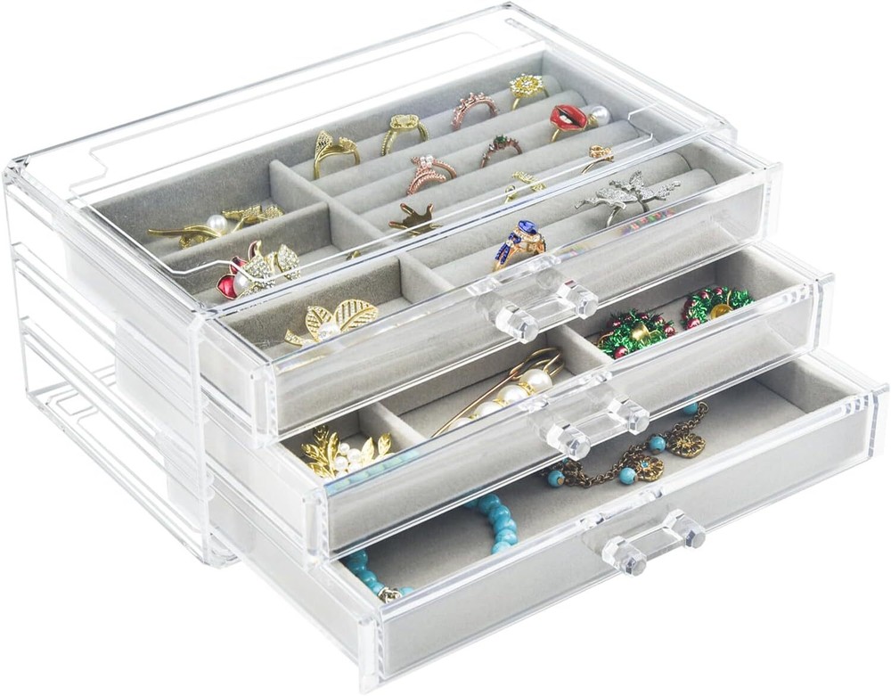 Acrylic Jewelry Box 3 Drawers, Velvet Jewellery Organizer, Earring Rings Gray