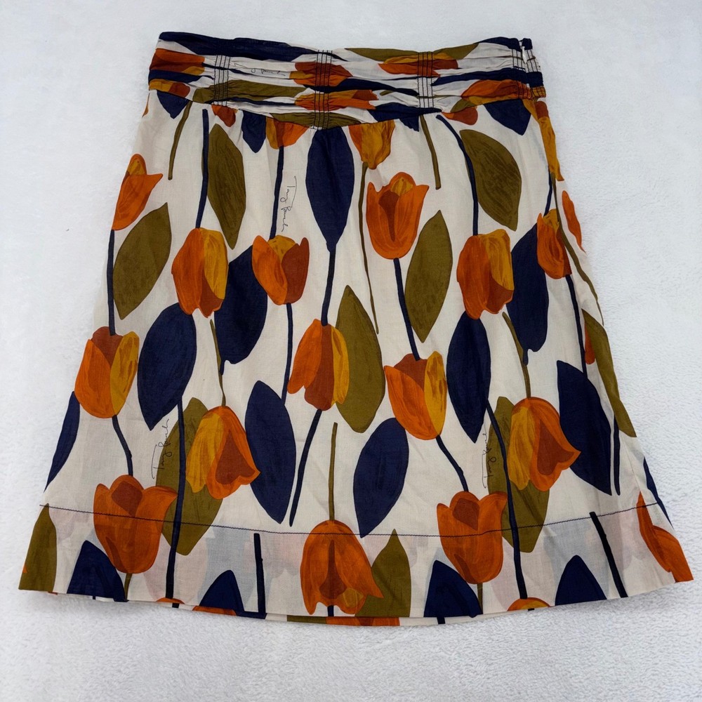 Tory Burch Tulip Floral Print A-Line Skirt Orange Navy Olive 10 13121342