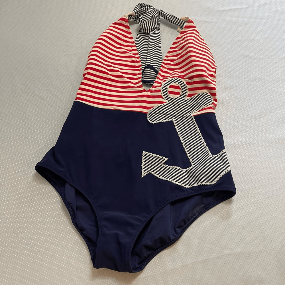 Retro Nanette Lepore One Piece Nautical Sailing Stripped Womens Swimsuit Large