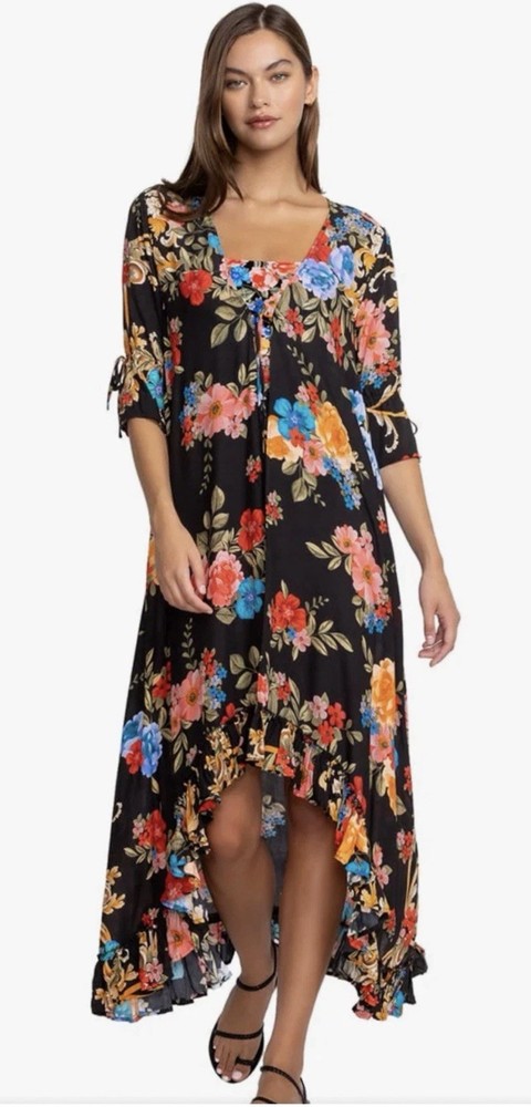 Johnny Was Size: Xl $228 Black Royal Long Ruffle Kimono Swimwear Coverup.