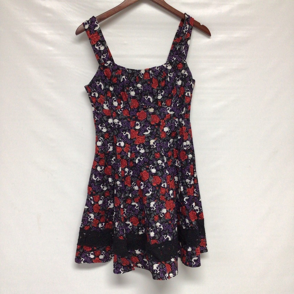 Purple Red Skull Floral Lace Rockabilly Skater Goth Dress-image