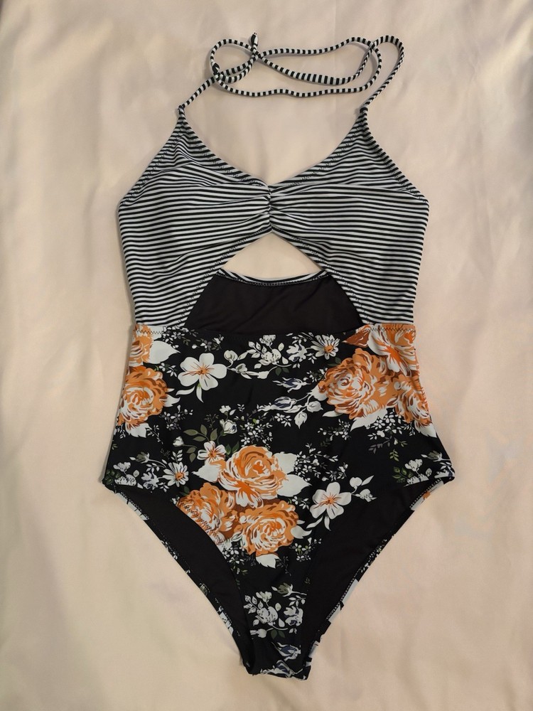 Cupshe Women’s Striped Floral One Piece Swimsuit With Cutout, Size Medium