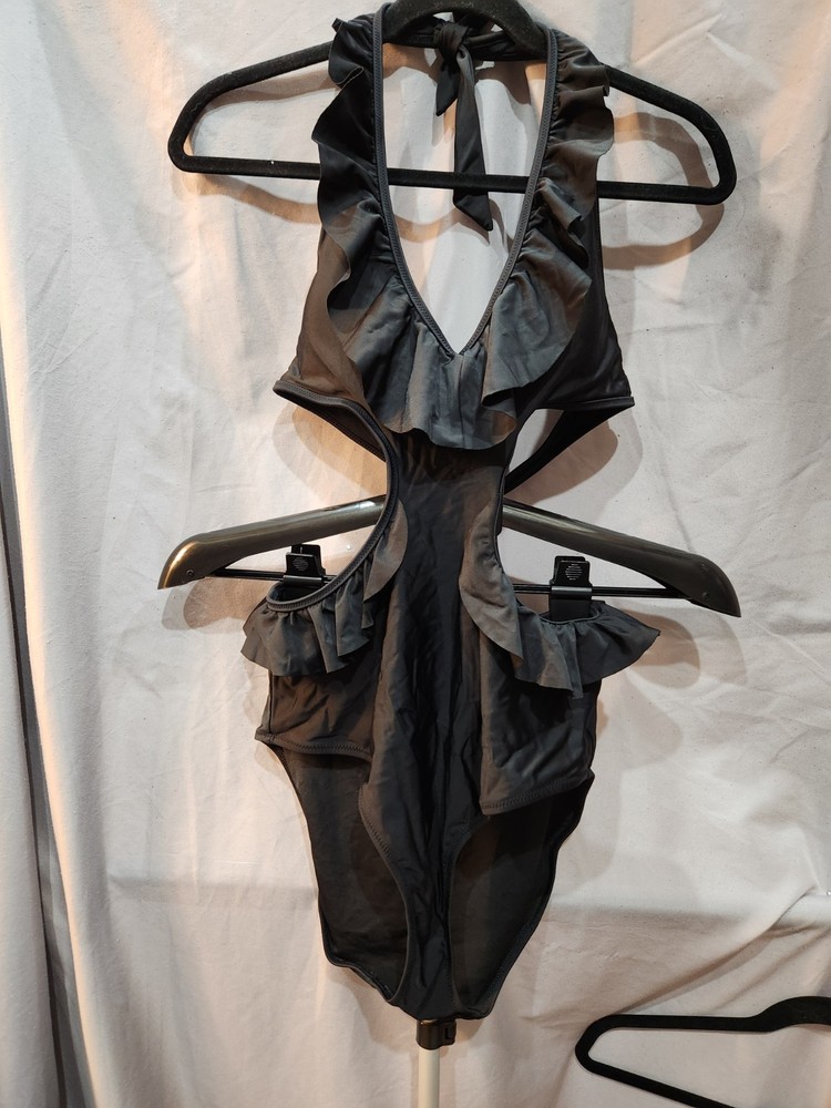 Aerie Women's Size Large Black Ruffle Halter One Piece Cut-Out Bikini Swimsuit