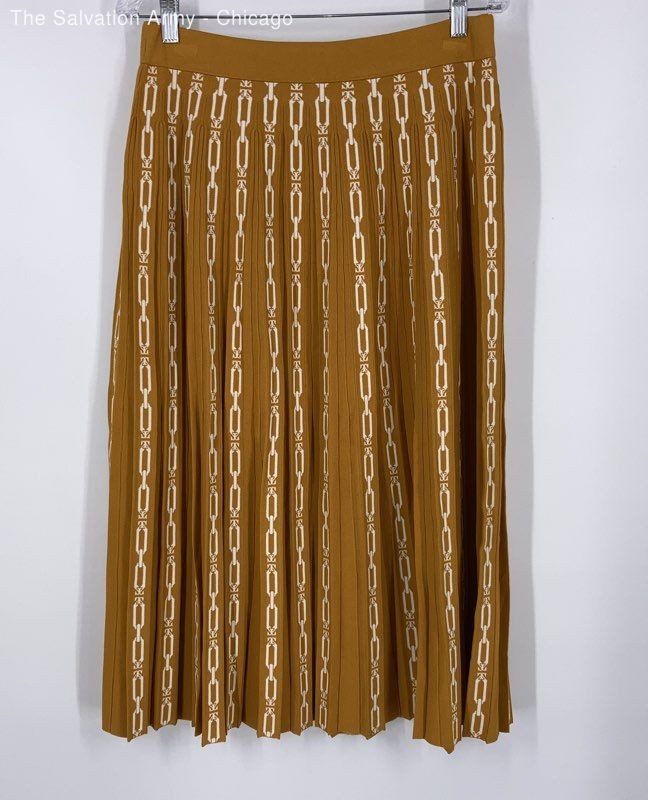 Tory Burch Womens Mustard White Spiced Chain Jacquard Teck Pleated Skirt Size L
