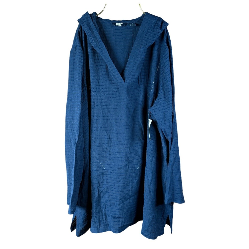 Lands' End Women's L LONG Deep Sea Navy Rayon Rib Hooded Mini Cover-up Dress