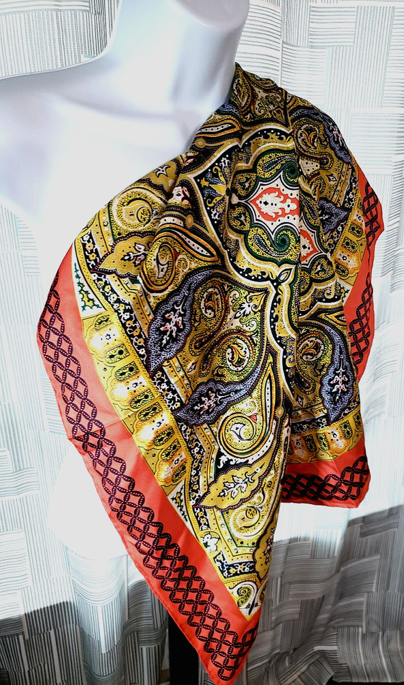 TALBOTS  100% Silk Square Scarf 26-inch Bright Multicolored Print Orange Gold