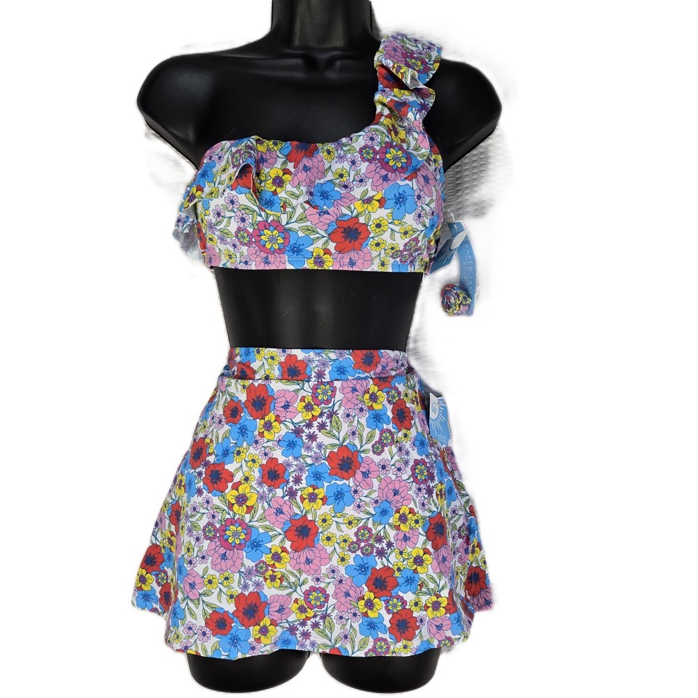 Draper James NWT Floral One Shoulder Flounce Swimsuit Bikini Skirt Set UPF 50+