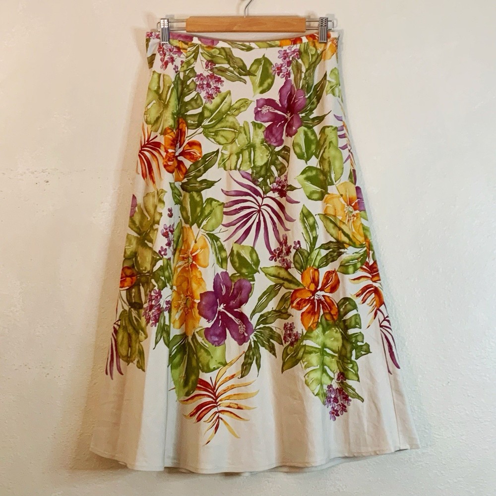 Talbots Skirt Size 8 Petite Midi Silk/Linen Blend Lined  A-Line Floral Side Zip