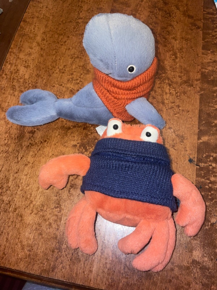 Jellycat Cozy Crew Whale & Crab Sea Life Plush Toy Wearing Sweater Small