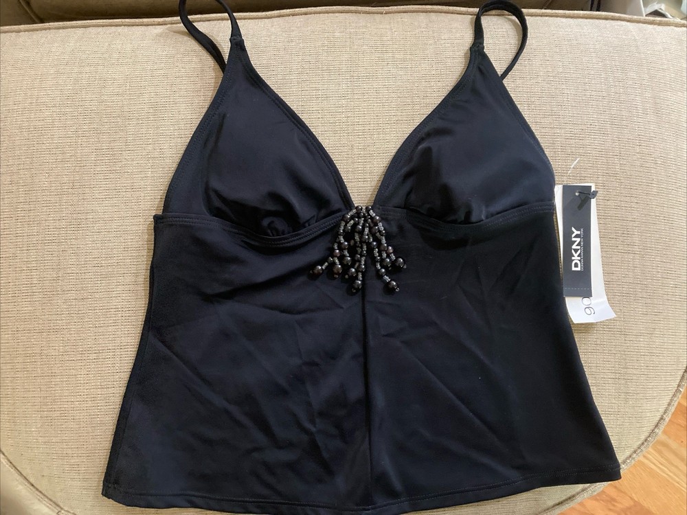 Vintage DKNY Women's Black Beaded V Neck Tankini Swim Top Size Small NWT