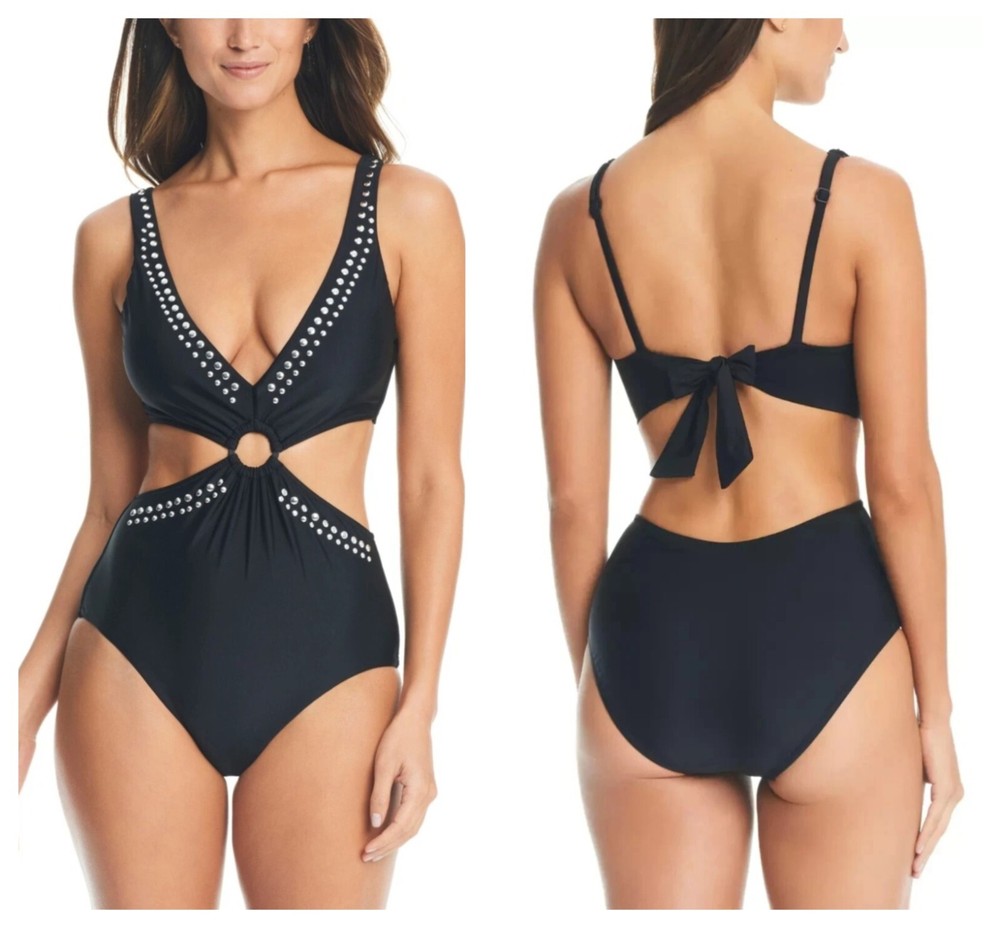 Bar III Women's Black Tell Me About It Stud One-Piece Swimsuit Size Medium