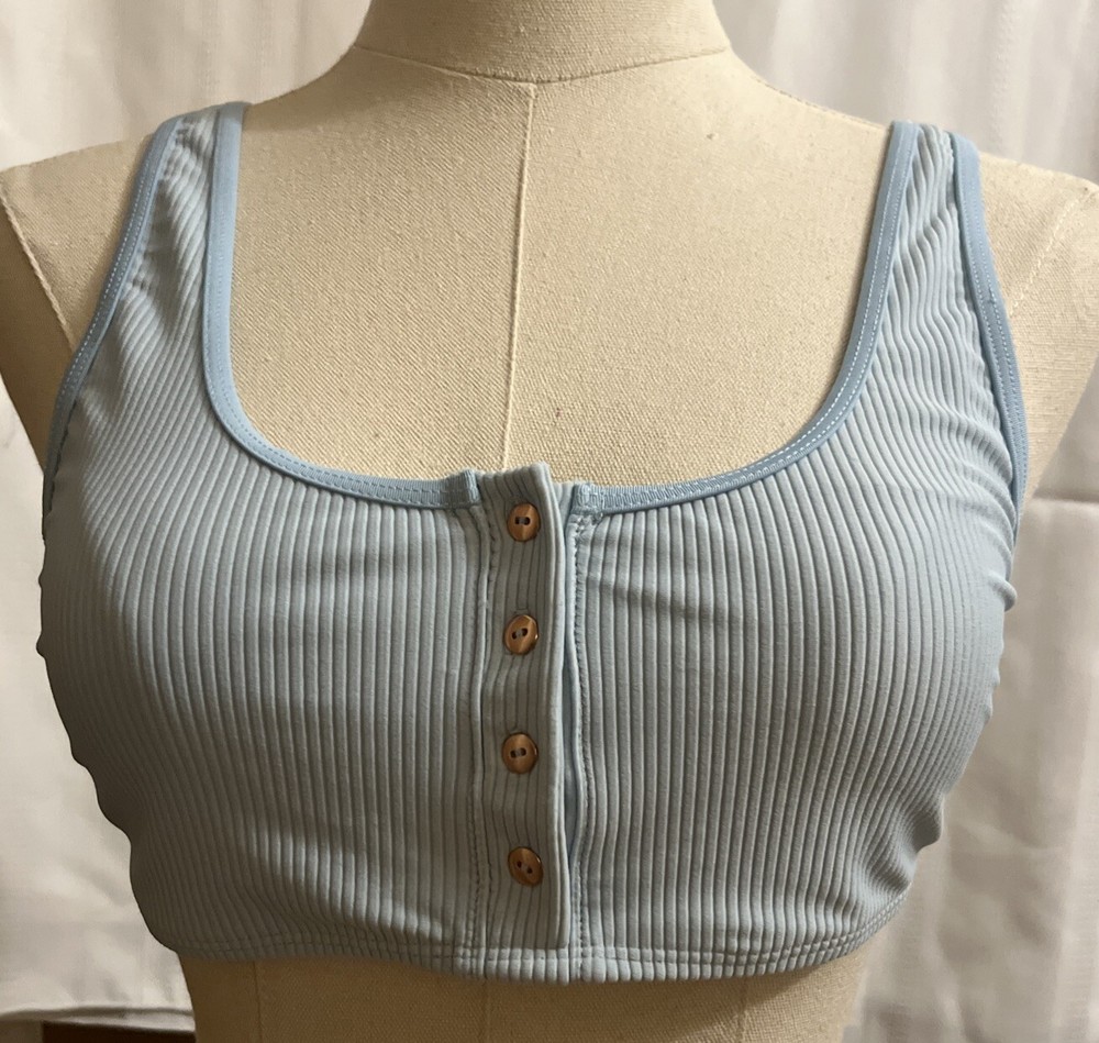 Frankies Bikinis Size Large Light Blue Ribbed Bikini Top, Adjustable Straps
