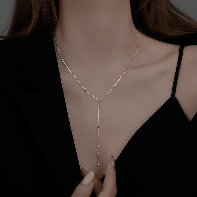 Round Bead Long Tassel Necklace for Women Sexy Cold Collarbone Chain-image