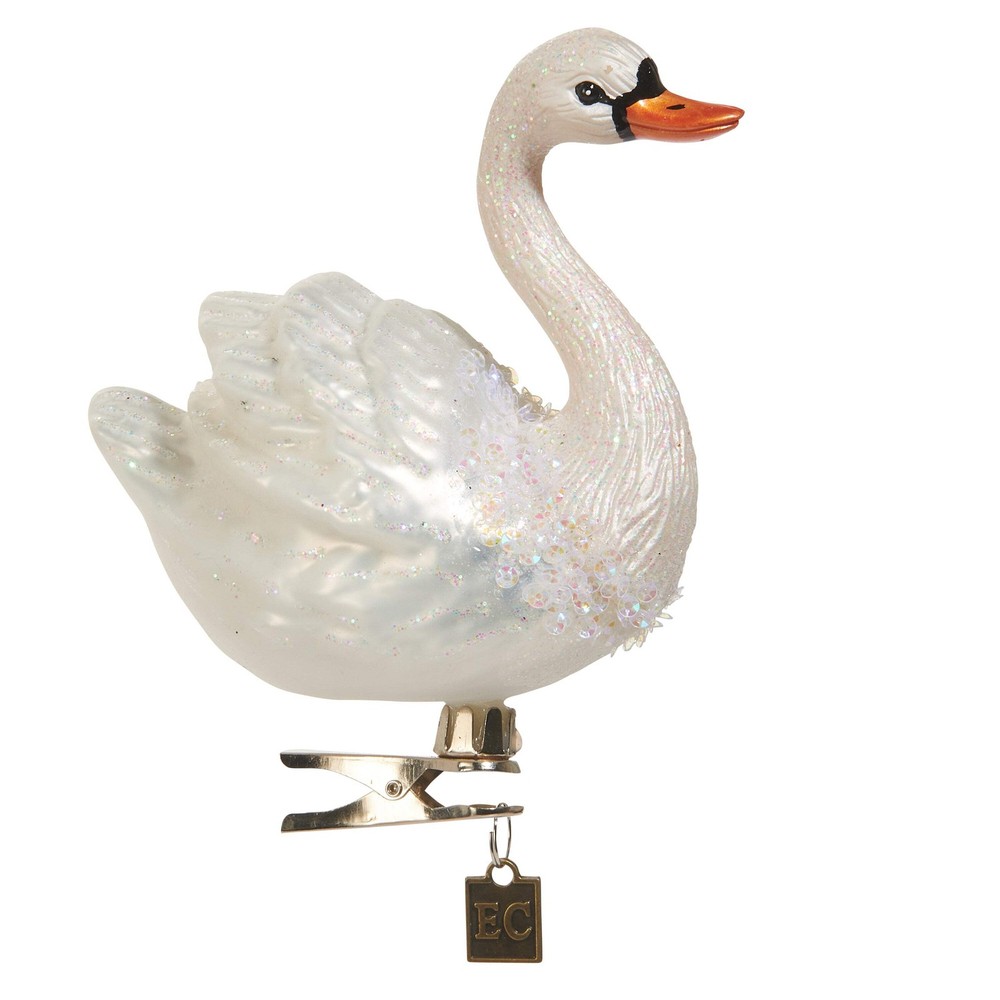 White Swan Clip-On Glass Ornament 4.5