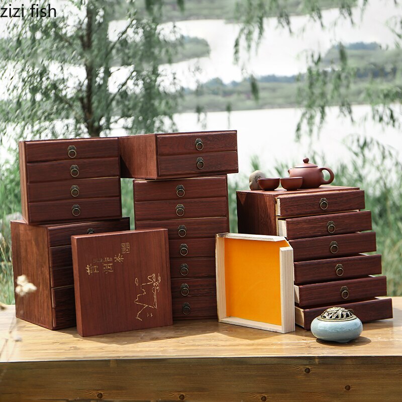 Multilayer Drawer-Type Solid Wood Tea Storage Box for Tea Cakes