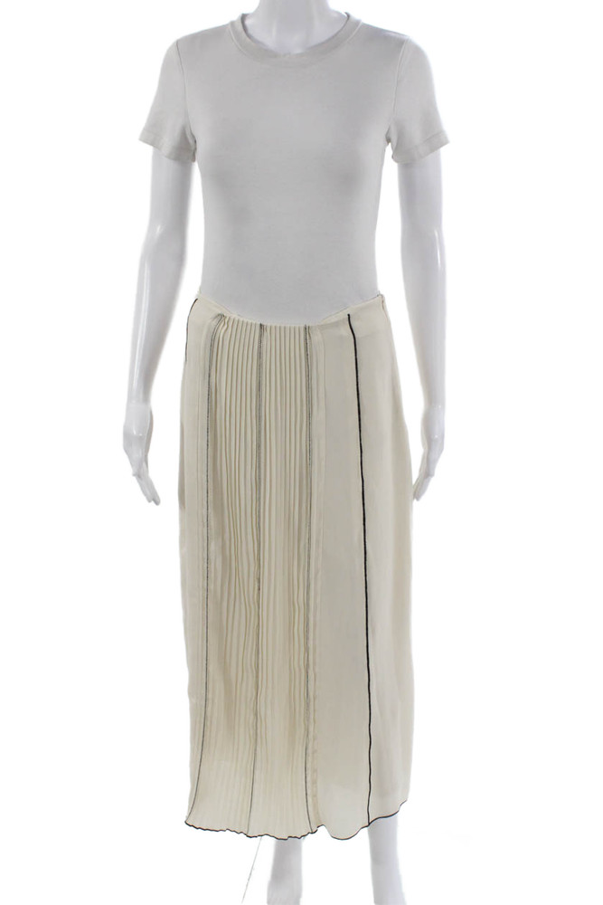 Zara Women Pleated Striped Midi Skirt Ivory Polyester Size MFree Shipping in US $100+ Orders | $6.95 Orders Below