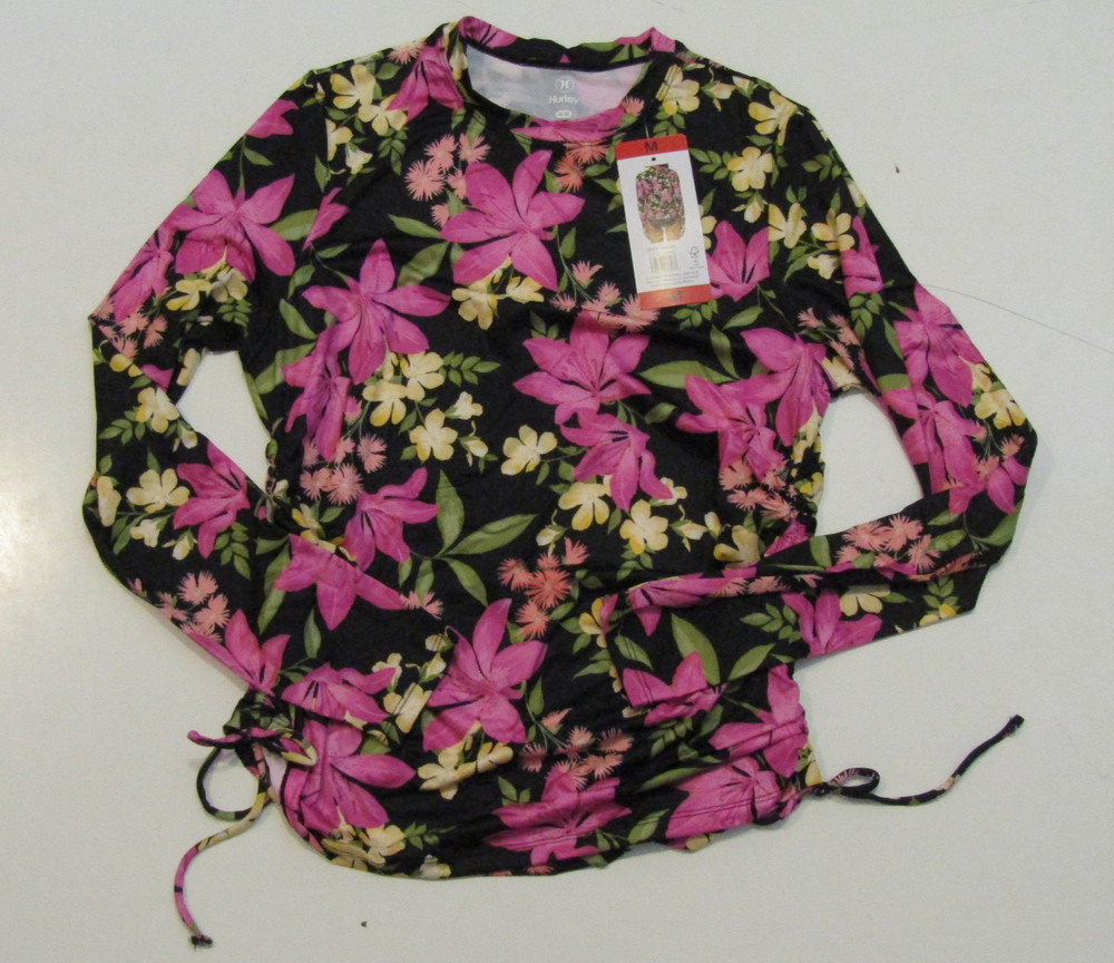 HURLEY Womens Black Floral Print Sun Protection Rash Guard L/S T-Shirt Sz M NWT