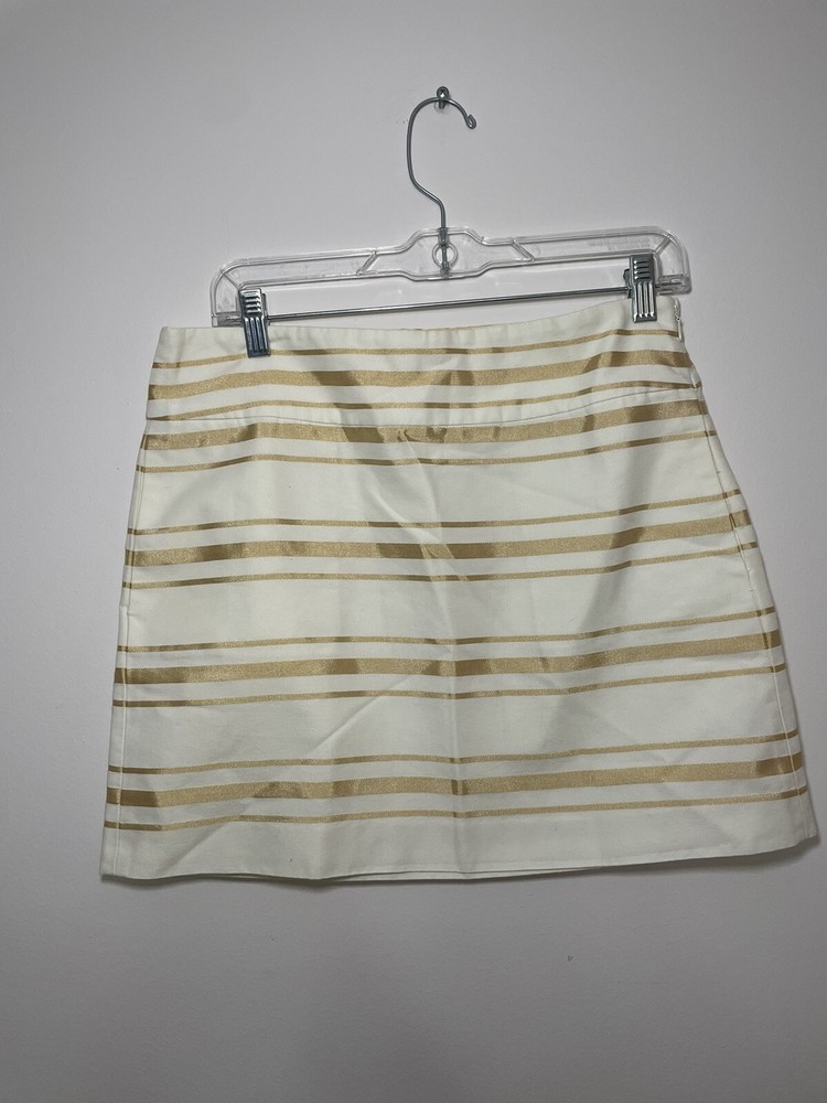J. CREW Sz 4 Gold White Striped A Line Skirt Pockets Side Zip Casual Holiday