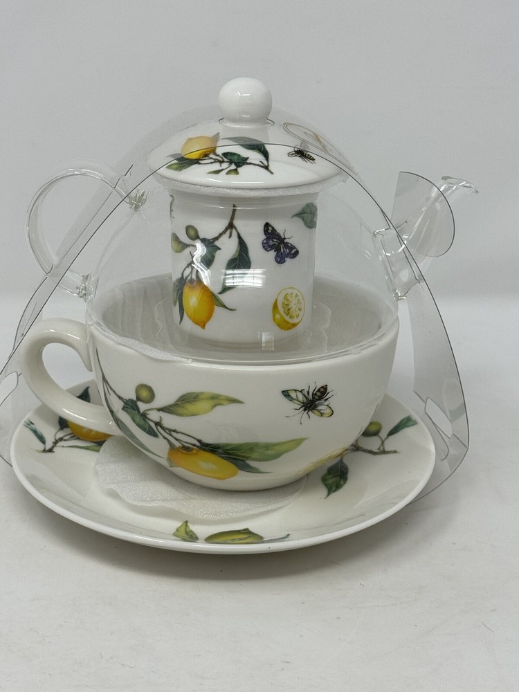 GRACE TEAWARE LEMONS BUTTERFLIES BEES GLASS PORCELAIN TEA FOR ONE w/INFUSER NEW